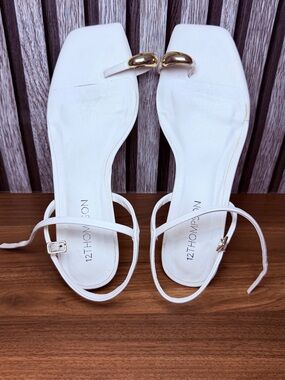 12th+Hampton White Square-Toe Slingback Sandals with Gold Accent